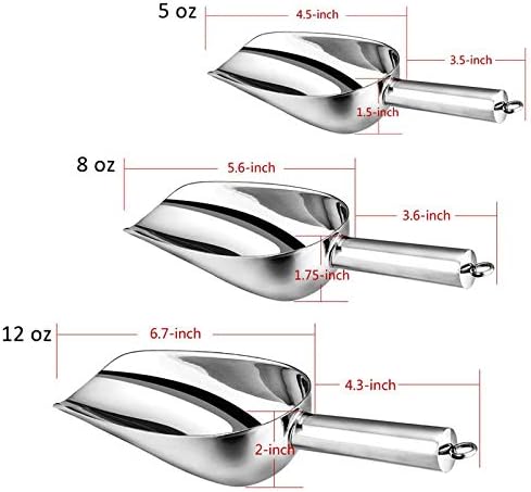 Ice Scoop, E-far Stainless Steel Kitchen Utility Scoop Set, Ideal for Ice Cube/Coffee Bean/Food/Candy/Flour/Popcorn, Set of 3 (5-8-12 Ounce)