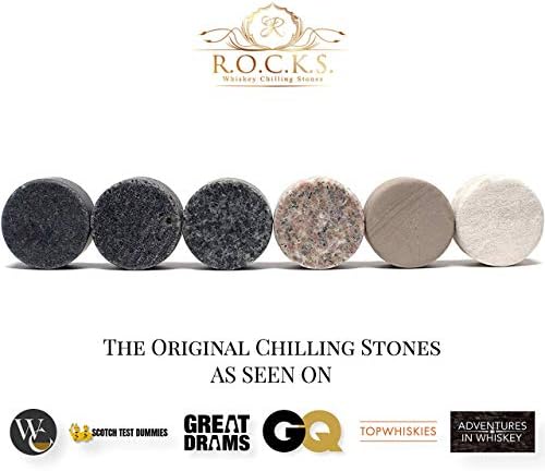 The Original ROCKS Whiskey Chilling Stones & Whiskey Trivia Quiz Gift Set - 6 Handcrafted Premium Granite Round Sipping Rocks - 100 Quiz Q&A for Whiskey Lovers - Fun Fact Stories & More, Great Gift!