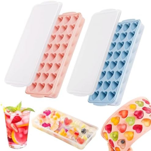 Heart Shape Ice Cube Tray 2PCS Mini Heart Ice Mold Silicone Heart Ice Cube Molds with Lid Mini Heart Ice Cube Tray for Whiskey Cocktail Valentine's Day Cubes Chocolate Candy Jelly Gummy Soap ﻿