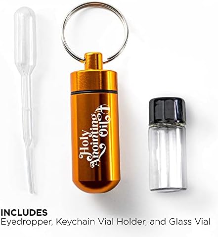 Rose of Sharon Anointing Oil from Israel Boxed Gift Set with Dispenser, Holy Jerusalem Oil & Gold Metal Keychain Bottle Container, Plastic Dropper & Small Glass Vial, Aceite Ungido y Botella