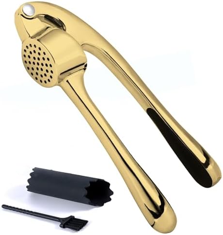 Kitessensu High Effective Premium Garlic Press Set, With Silicone Garlic Peeler & Brush, Heavy Duty Garlic Mincer, Easy to Squeeze and Clean, Rust Proof & Dishwasher Safe - Gold