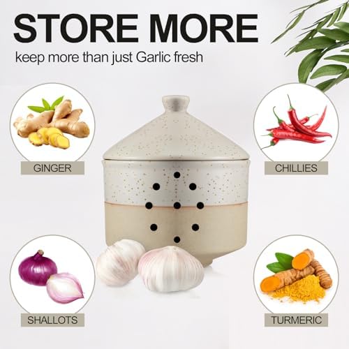 Honeydak 1 Pcs Large Ceramic Garlic Keeper with Lid & Holes, 4" x 4.5" Decorative Countertop Storage Container for Farmhouse Kitchen, Keeps Garlic Cloves Fresh, White