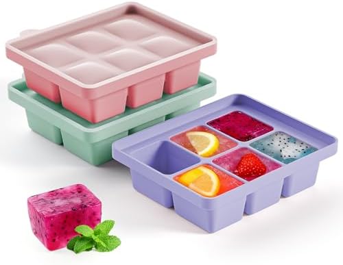 Large Silicone Ice Cube Tray Set of 3, Easy Release 6 Flexible Silicone Ice Cube Molds with Removable Lid, Reusable Freezer Stackable Ice Trays for Whiskey, No Floater, BPA Free
