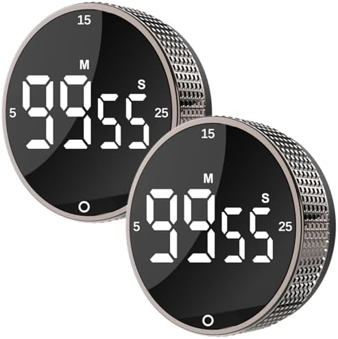 Digital Kitchen Timer - Magnetic Countdown Count Up Clock with Large LED Display, 5/15/25 Min Presets, 3 Volume Levels, Rotary Dial for Cooking, Productivity, Classroom, Fitness (2, Tarnish)