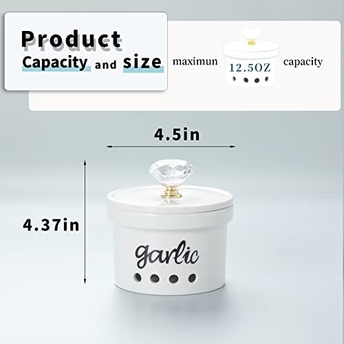 Garlic Keeper with Crystal Lid, 12.5 oz Ceramic Garlic Saver Container for Countertop, Farmhouse Kitchen Decor (Gold)