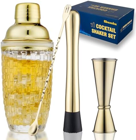 Gold Cocktail Shaker Set with Jigger, Bar Spoon & Muddler