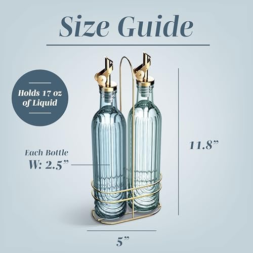 COOK WITH COLOR Glass Olive Oil Bottle Dispenser - 2 Pack- 17oz Oil and Vinegar Cruet - Olive Oil Carafe Decanter for Kitchen, Elegant Fluted, Blue