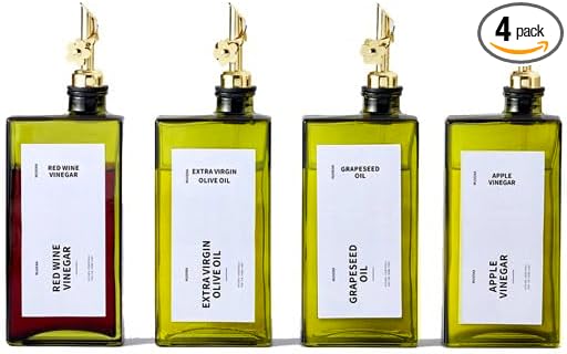 Olive Oil Dispenser Bottle for Kitchen, 16.9oz /500ml Cooking Vinegar Dispenser Bottle Set, Glass Sauce Container, Labels, Brush, Funnel, Stoppers, Green for Oil, Wine