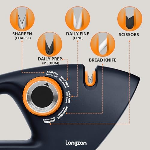 Longzon 6-in-1 Knife Sharpener 5 Stage with Cut-Resistant Glove,Navy+Orange