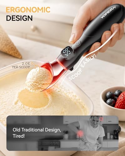 Yofidra Heated Ice Cream Scoop 4000 mAh, Ergonomic Design with Physical On/Off Switch, LED Battery Indicator & Screen Display, IP67 Waterproof for Easy Clean, Stand Design for Hygienic (Black)