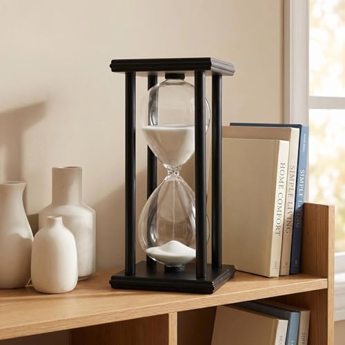 Hourglass Sand Timer 45 Minutes, Hour Glasses with Sand Decoration for Kids, Sand Clock Watch for Room Birthday Tea Coffee Table Book Shelf School Game Ornament Wooden (White Sand)