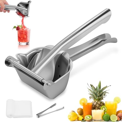 Orange Juice Squeezer Stainless Steel Manual Juicer Press, Citrus Press Juice Squeezer Handheld Lemon Press with 100 Strainer Bags and Food Clip Hand Press Citrus Juicer