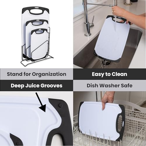 Cutting Boards for Kitchen, Plastic Cutting Board Set of Small to Large Size, Chopping Board with Cutting Board Holder - Non Slip, Groove, Dishwasher Safe, BPA Free - 3 Pack Black/White