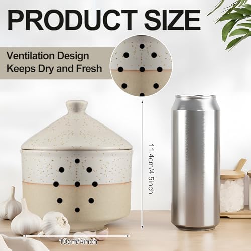 Honeydak 1 Pcs Large Ceramic Garlic Keeper with Lid & Holes, 4" x 4.5" Decorative Countertop Storage Container for Farmhouse Kitchen, Keeps Garlic Cloves Fresh, White