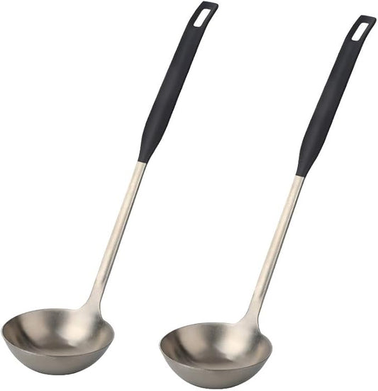 Buyer Star 2 Pcs Soup Ladle Spoons,Silver Black Cookware Serving Long Handle Steel Slotted Spoon Cooking Utensil Set for Hotpot