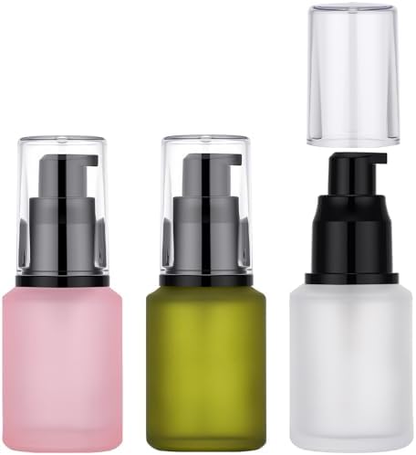 Segbeauty 1oz Frosted Glass Lotion Bottle Empty, 3pcs Travel Lotion Container, 30ml Refillable Glass Travel Bottles for Toiletries, Hair Oil Bottles, Mini Size Skincare Cream Pump Bottle Mixed Color