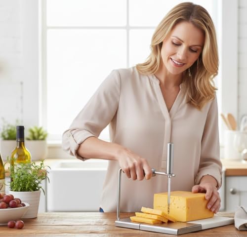 Stainless Steel Multipurpose Cheese Slicer with 5 Replaceable Cutting Line, 304 Stainless Steel Board with Measuring Grids, Easy to Clean Dishwhaser Safe Cheese Slicer, Kitchen Helper for Women