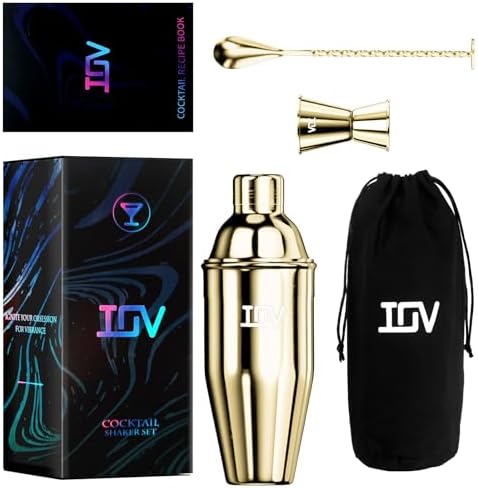 IOV Cocktail Shaker Bar Set, 24oz Martini Shaker with Built-in Strainer, Bar Tool Kit with Recipes Booklet, Professional Stainless Steel Large Bartender Drink Shaker Margarita Alcohol Mixer- Gold