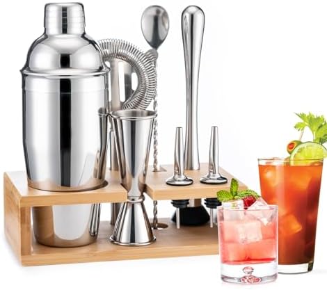 Briout Cocktail Shaker Set Bartender Kit with Stand, Silver