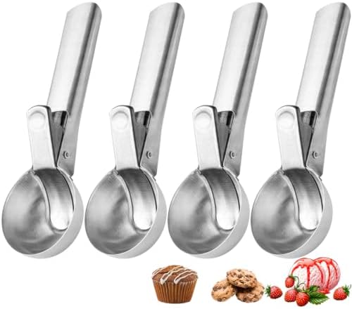 Ice Cream Scoop, Stainless Steel with Trigger & Comfortable Handle, Dishwasher Safe, DIY Ice Cream, Cookie Dough, Muffin, Baking, Sorbet, Gelato, Fruit (4P silver)