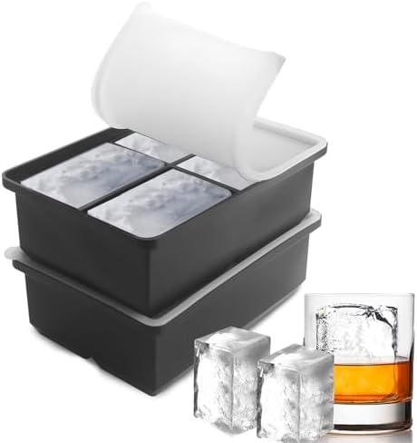 Large Ice Cube Trays for Whiskey: BECOKIT Big Silicone Ice Cube Trays - 3 * 2Inch Square Ice Cubed Tray for Bourbon Whisky and Cocktail - 2Pack Giant Silicon Ice Cube Tray (Black 2 Tray)