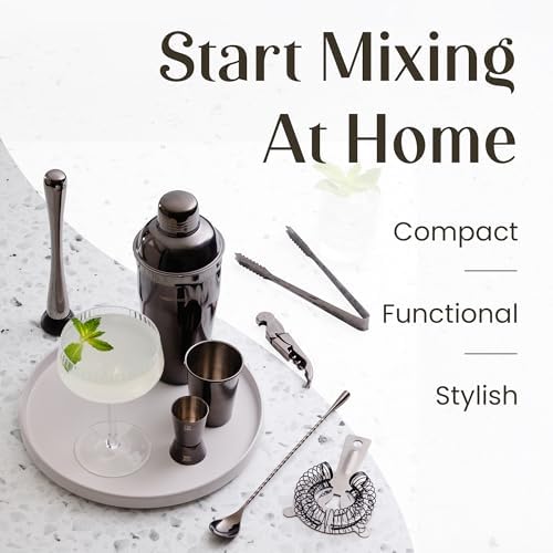 Modern Mixology Pro-Graded Cocktail Shaker Set with Stand | Complete Bartender Kit | 24oz Martini Shaker, Jigger, Strainer, Bar Spoon, Tongs, Opener, Muddler, Home Bar Essentials