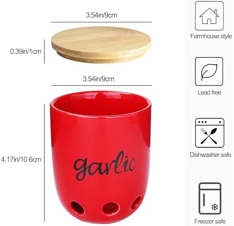 Ceramic Garlic Keeper for Counter with Wood Lid (Red)