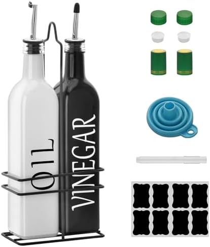 Farmhouse Oil and Vinegar Dispenser Set, 17 oz, beautiful (White Black) olive oil dispenser, includes a black steel rack and a funnel, vintage cruets for vinegar and oil
