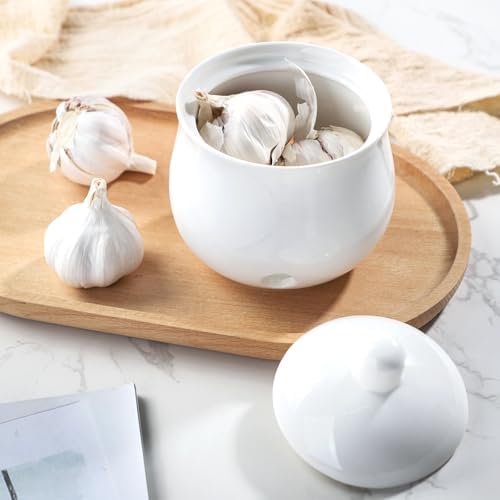 Ceramic Garlic Keeper with Lid, Garlic Keeper for Counter,Garlic Holder Storage Container, Garlic Saver for Kitchen