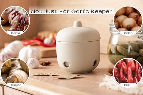 Ceramic Garlic Keeper,Garlic Storage with Lid,Garlic Holder,Beige,Small