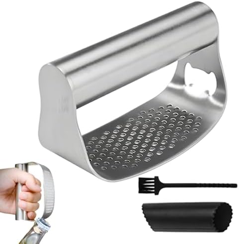 Garlic Press Rocker,Stainless Steel Garlic Presser,Crusher and Chopper,Kitchen Garlic Mincer Tool with Peeler & Cleaning Brush,For Extract Garlic Paste (1 SET)