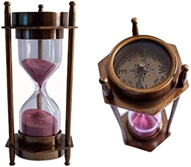 5" Decorative Brass Sand Timer Hourglass with Antique Maritime Brass Compass Rustic Vintage Home Decor Gifts