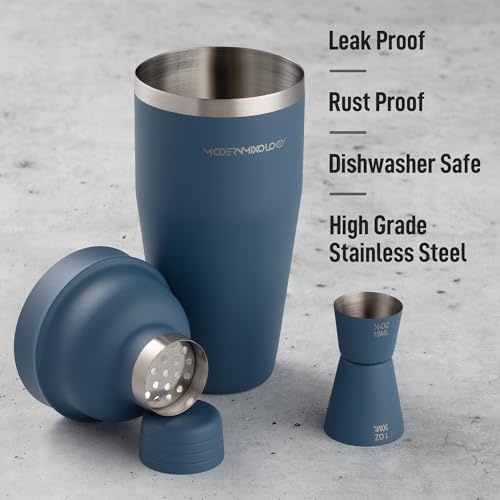 Modern Mixology 24oz Matte Blue Cocktail Shaker Set – Bartender Essentials with Built-In Strainer, Cap, Jigger for Martini, Margarita, More – Luxury Drink Mixer Kit for Bar, Gift for Men and Women