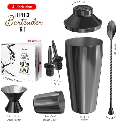 Bar Set Cocktail Shaker Set Bartender Kit, 8 Piece Black Cocktail Set, Mixology Bartender Kit, Steel Drink Shakers Cocktail Kit, Bar Accessories: 24oz Martini Shaker, Muddler, Cocktail Book and More