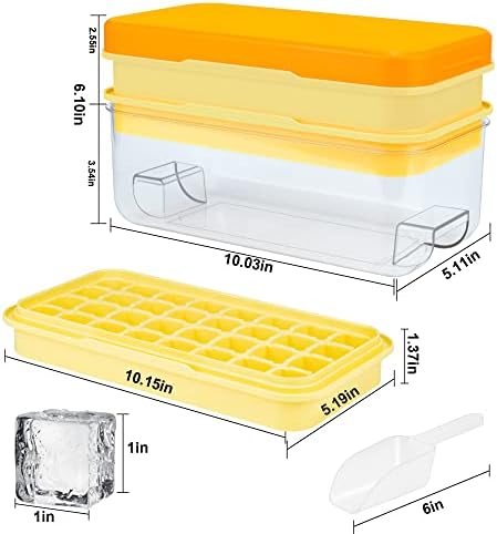 Ice Cube Tray, Press Type Ice Cube Maker, Ice Cube Trays with Lid and Storage, Yellow Ice Cube Moulds, 64 Pcs Ice Cubes, Easy Press to Release Ice, BPA Free, with Cover 2 Trays 1 Ice Bucket & Scoop