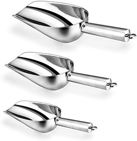Ice Scoop, E-far Stainless Steel Kitchen Utility Scoop Set, Ideal for Ice Cube/Coffee Bean/Food/Candy/Flour/Popcorn, Set of 3 (5-8-12 Ounce)