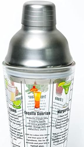 14 oz Recipe Glass Cocktail Shaker With Strainer Top - Includes 6 Cocktail Drink Recipes (Tequila Theme)