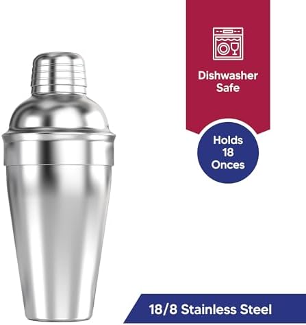 HIC Bar Cocktail Shaker, 18/8 Stainless Steel, Mirror Finish, 3-Piece Set, Holds 18-Ounces