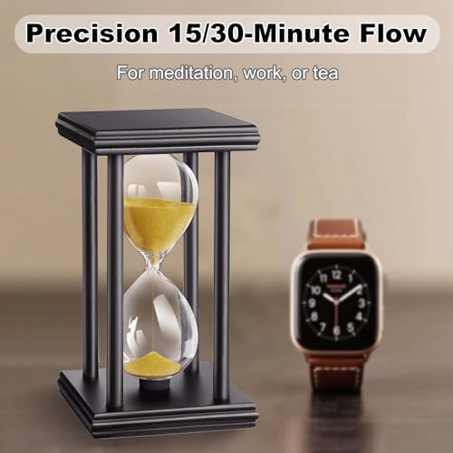 30 Minute Sand Timer, Wooden Stand Hourglass Clock, Sand Watch 30 Min, Antiguo Reloj De Arena, Large Unique Hour Glass Sandglass for Home Desk Office (Gold)