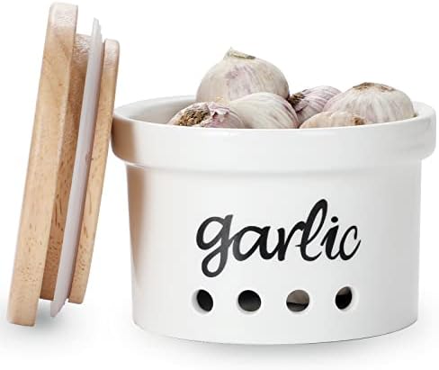 Garlic Keeper with Lid, Ceramic Garlic Saver Container for Countertop, Farmhouse Kitchen Decor
