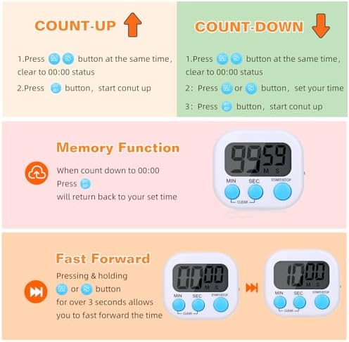12 Pack Digital Kitchen Timers, Magnetic Countdown Timer with Loud Alarm