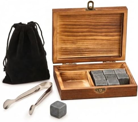 Creative Gifts International Whiskey Stones & Tongs Set | Keepsake Box and Storage Pouch | Reusable Drink Chilling Stones | 9 Stones | Gift Set