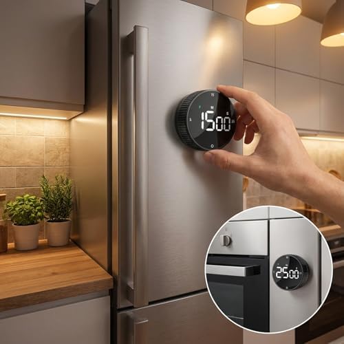 Rechargeable USB-C Digital Kitchen Timer - Magnetic Countdown Countup Visual Pomodoro Timer with Large LED Display, 3-Preset Times, 3 Volume Levels, Ideal for Cooking, Baking and Study