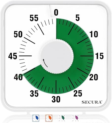 Secura 60-Minute Visual Countdown Timer, 7.5-Inch Oversize Classroom Visual Timer for Kids and Adults, Durable Mechanical Kitchen Timer Clock with Magnetic Backing (White-Green)