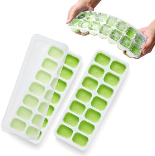 KEPLIN 2pk Silicone Ice Cube Trays with Non-Spill Lids, Easy to Remove Tray, LFGB Certified BPA Free, Flexible Silicone Ice Cube Moulds, Parties, Drinks, Cocktails & Frozen Liquids (Green)