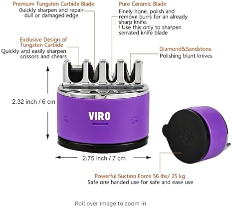 VIRO Compact Suction Kitchen Chef Knife Scissors Sharpener for Straight & Serrated Knives, 4-Stage Knife Sharpening Tool Helps Repair and Restore Blades (Purple)