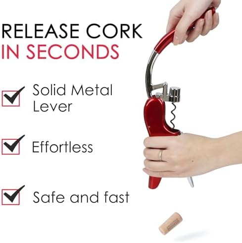 KAYCROWN Stainless Steel Wine Bottle Opener, Compact Vertical Lever Corkscrew with Foil Cutter and Extra Spiral, Manual Handheld Corkscrew with Ergonomic Lever Pump (Red)