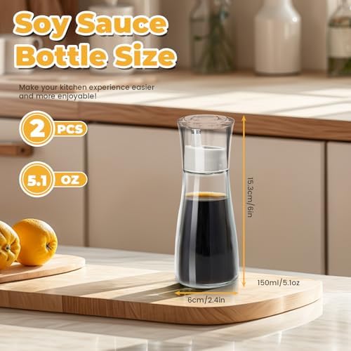 2 Pack Soy Sauce Dispenser with No-Drip Spout, Glass Oil and Vinegar Dispenser Bottle Set, Olive Oil Cruet with Dust Cap for Kitchen Cooking, 5.1oz