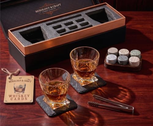Mixology & Craft Whiskey Stones Gift Set for Men | Whiskey Glass and Stones Set with a Classy Gift Box and 6 Granite Round Whiskey Stones | Whiskey Lovers Gifts for Men, Dad, Husband, Boyfriend