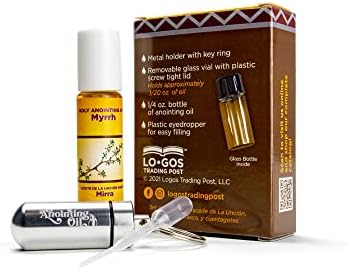 Myrrh Anointing Oil from Israel Boxed Gift Set with Dispenser, Holy Jerusalem Oil & Silver Metal Keychain Bottle Container, Plastic Dropper & Small Glass Vial, Aceite Ungido y Botella